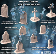 Load image into Gallery viewer, Gravestones Terrain Set | Haunted Graveyard Terrain | Gravestone/Headstone Terrain | Spooky Spirit Terrain | Scary Terrain | DnD| 5e | 32mm
