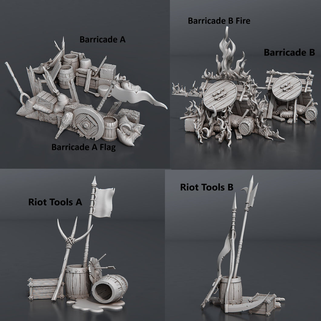 Riot Miniature Set | Rioters | Protestors | Townsfolk Riot | Riot Barricade | Tabletop Terrain/DnD/Miniatures/Pathfinder/5th Edition