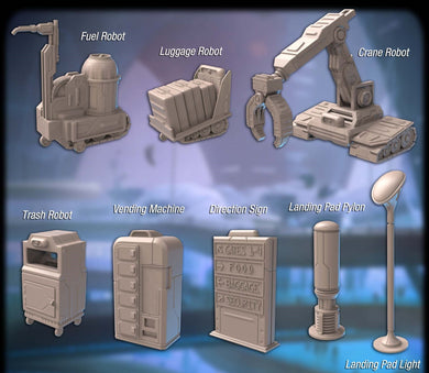 Spaceport Set | Robot | Droid | Generator | Crane | Loader | Mech |Sci-Fi Terrain | Science Fiction Terrain | Cyberpunk Terrain | RPG | 32mm